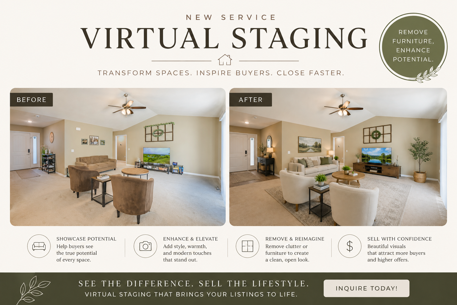 Virtual staging service advertisement showing before and after listing images